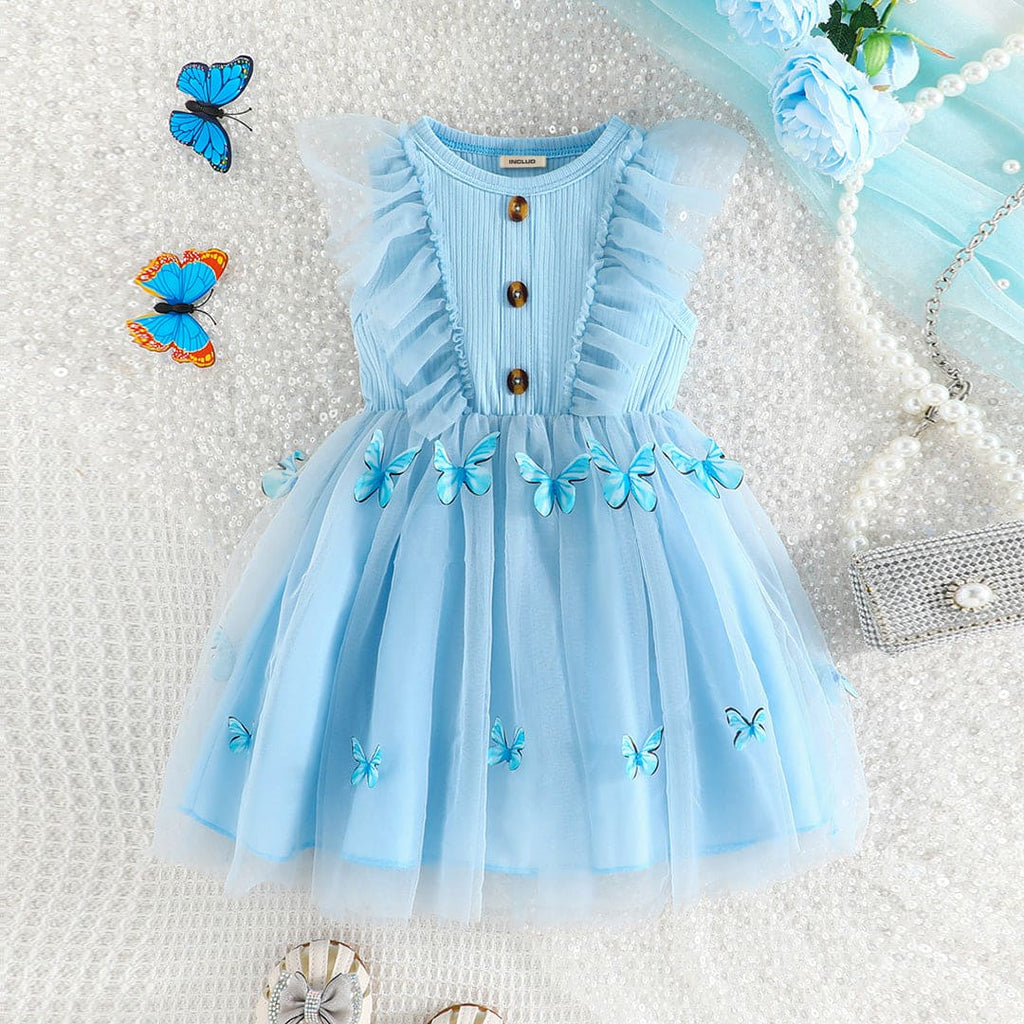 Girls Blue Butterfly Printed Sleeveless Fit & Flare Dress Casual Dresses Blue 9-12 M 