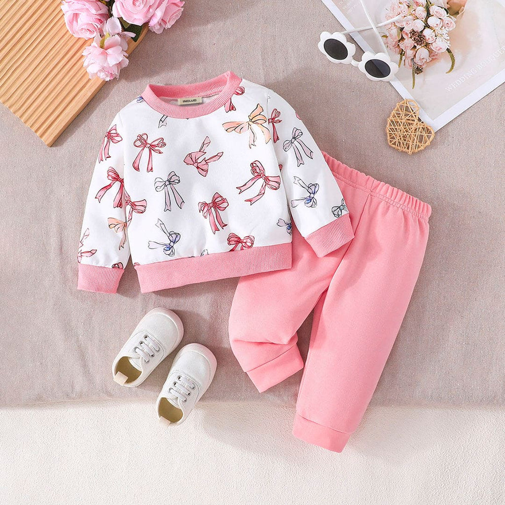 Girls Bow Print Full Sleeves Sweatshirt with Trouser Set Sets Pink 3-6 M 