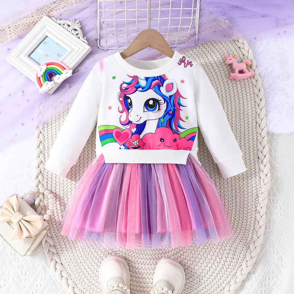 Girls White Unicorn Print T-Shirt Dress Casual Dresses White 6-9 M 