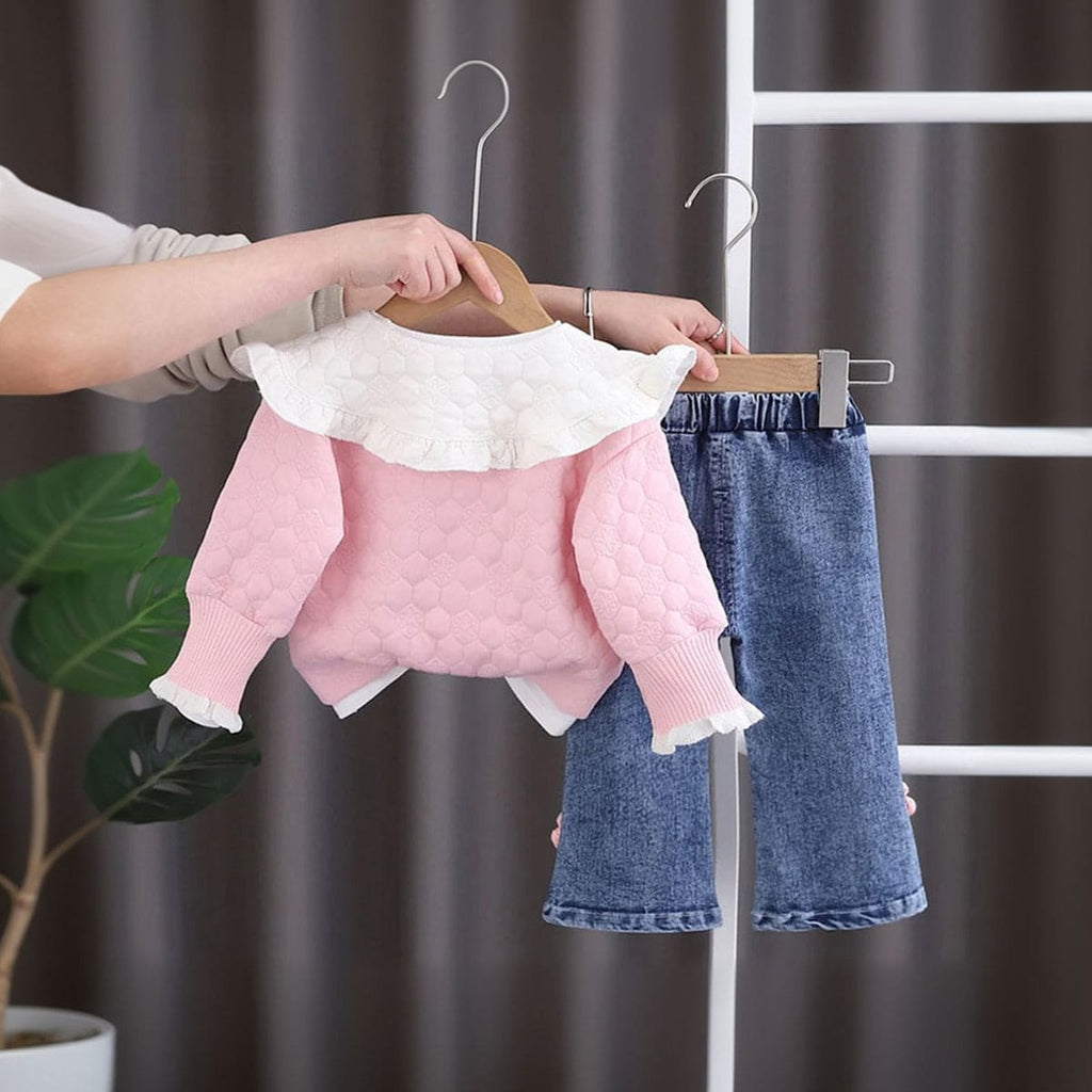 Girls Pink Cardigan with T-shirt & Denim Set Sets   