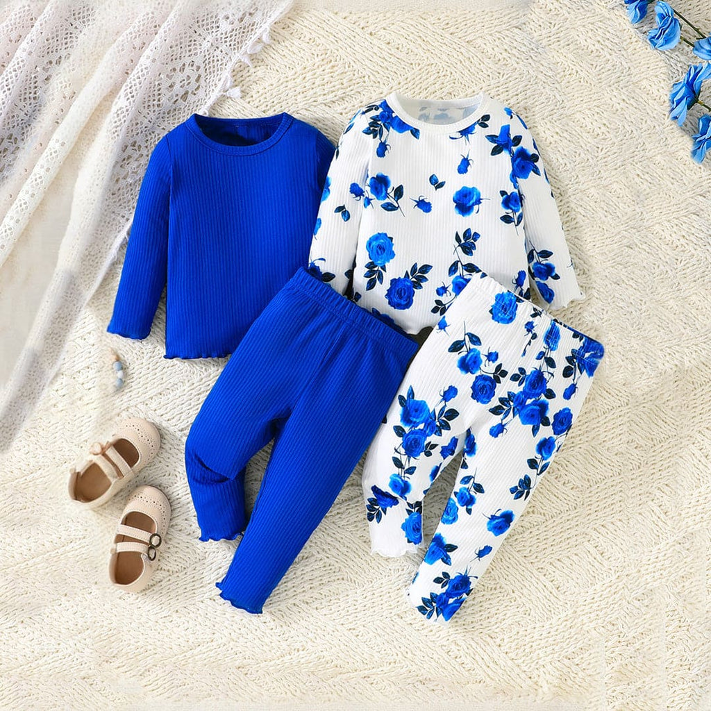 Girls Blue Floral Printed Full Sleeves Top with Trouser Set (Pack Of 2) Sets Blue 6-9 M 