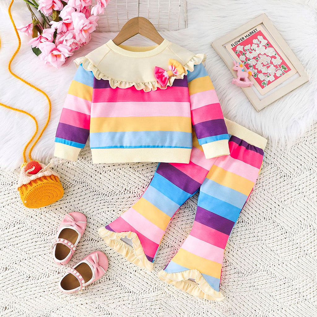 Girls Apricot Striped Full Sleeves Top with Pants Set Sets Apricot 6-9 M 