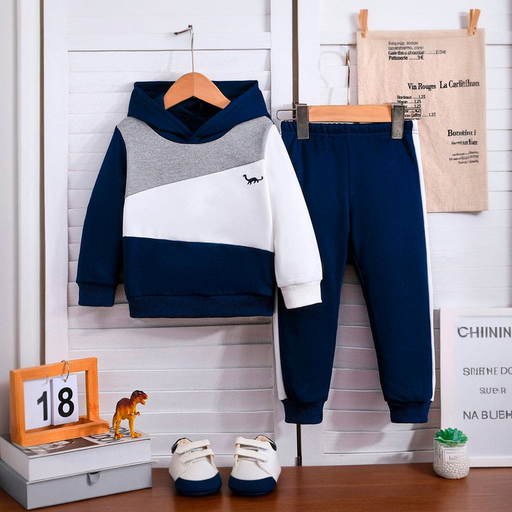 Boys Dark Blue Colorblocked Hooded Sweatshirt with Trouser Set Sets Dark Blue 4-5 Y 