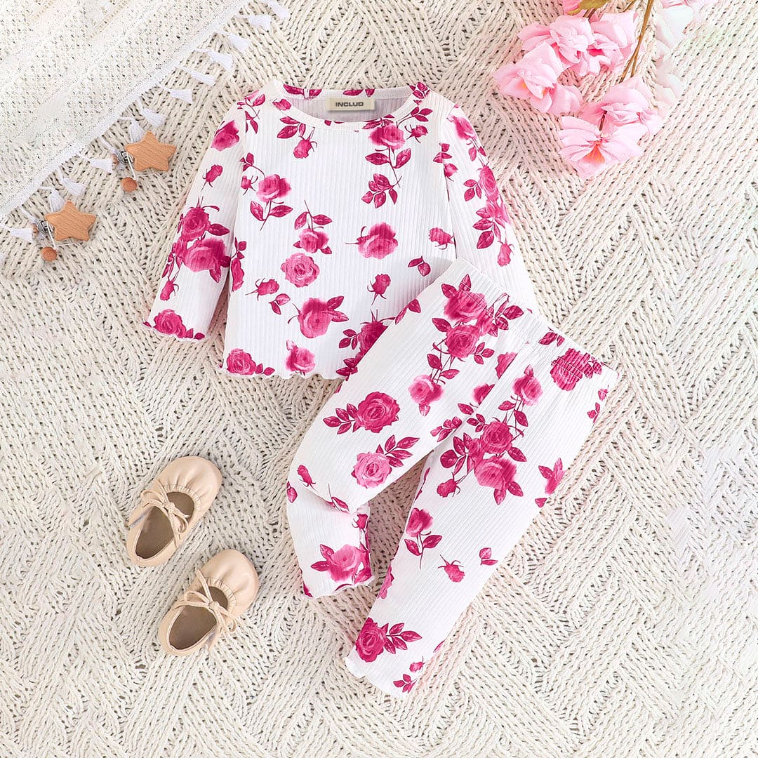 Girls Pink Floral Print Full Sleeves Top with Pants Set (Pack Of 2) Sets   