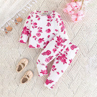 Girls Pink Floral Print Full Sleeves Top with Pants Set (Pack Of 2) Sets   