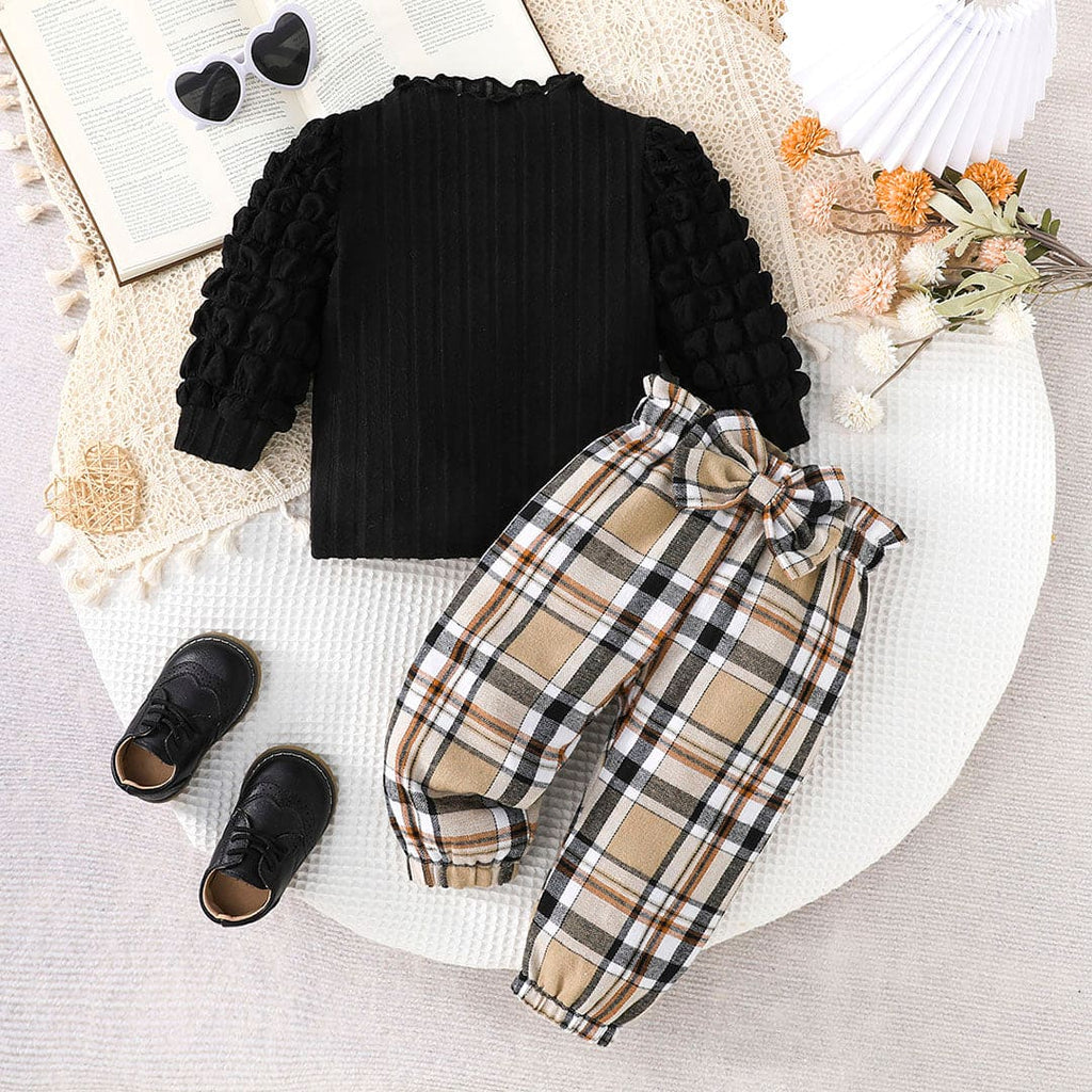 Girls Black Puff Sleeves Top with Checkered Print Jogger Set Sets Black 3-6 M 