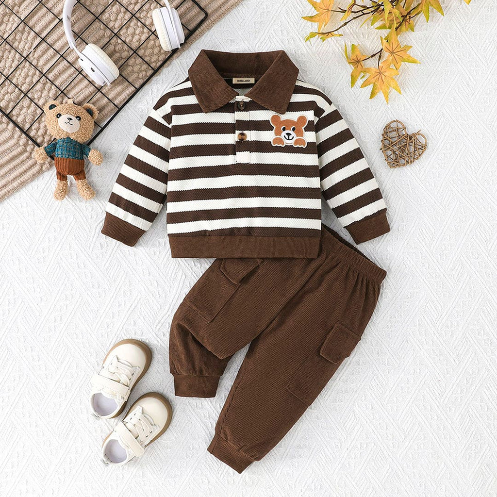 Boys Brown Striped Full Sleeves T-shirt with Trouser Set Sets Brown 6-9 M 