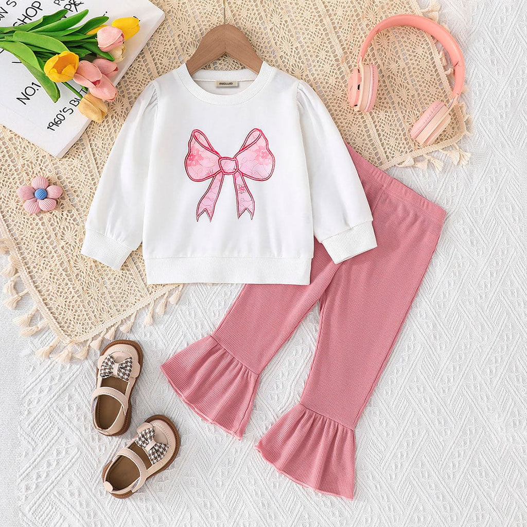 Girls Pink Bow Print Full Sleeves Sweatshirt with Flared Pants Set Sets Pink 6-9 M 