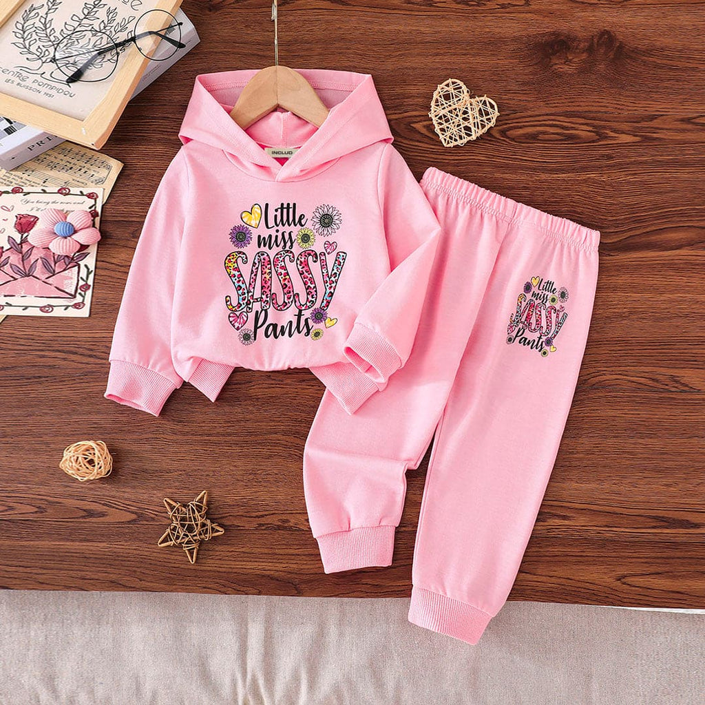 Girls Pink Printed Full Sleeves Hooded Sweatshirt with Trouser Set Sets Pink 6-9 M 