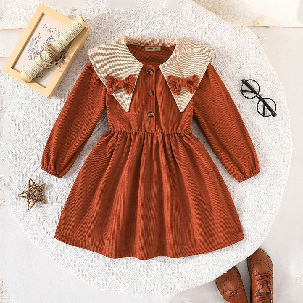 Girls Brown Peter Pan Collar Corduroy Dress Casual Dresses Brown 4-5 Y 