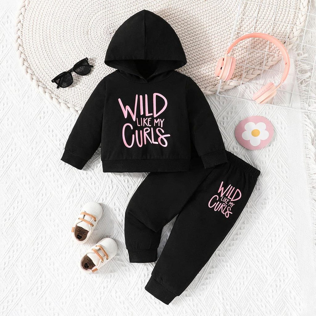 Girls Black Printed Hooded Sweatshirt with Trouser Set Sets Black 6-9 M 