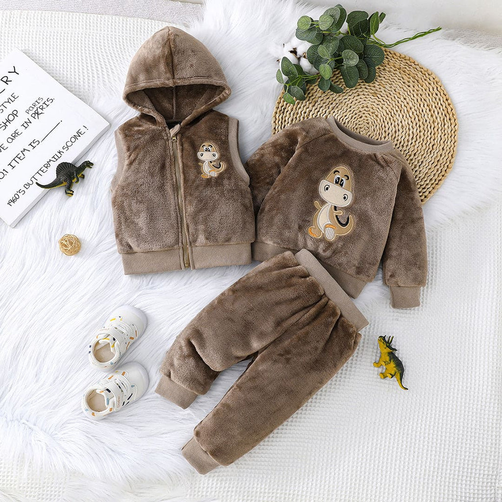 Boys Brown Sleeveless Hooded Jacket With Sweatshirt And Pants Set Sets Brown 6-9 M 