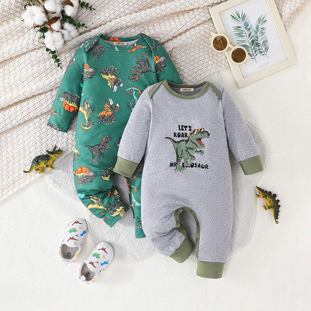 Boys Multicolor Dinosaur Printed Full Sleeves Jumpsuit (Pack Of  2) Jumpsuits Multicolor 0-3 M 