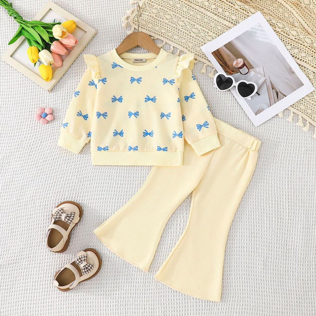 Girls Apricot Bow Printed Sweatshirt with Pants Set Sets Apricot 6-9 M 