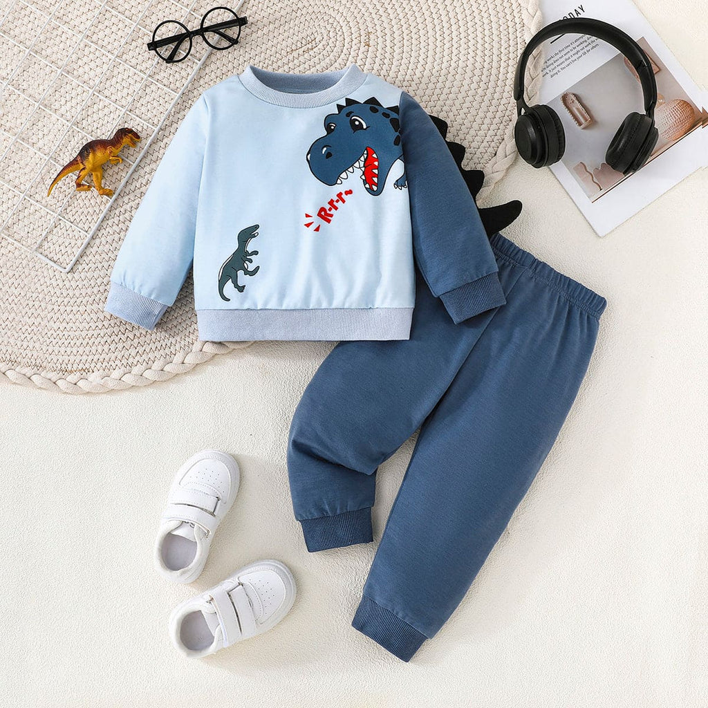 Boys Blue Dinosaur Printed Sweatshirt with Trouser Set Sets Blue 6-9 M 