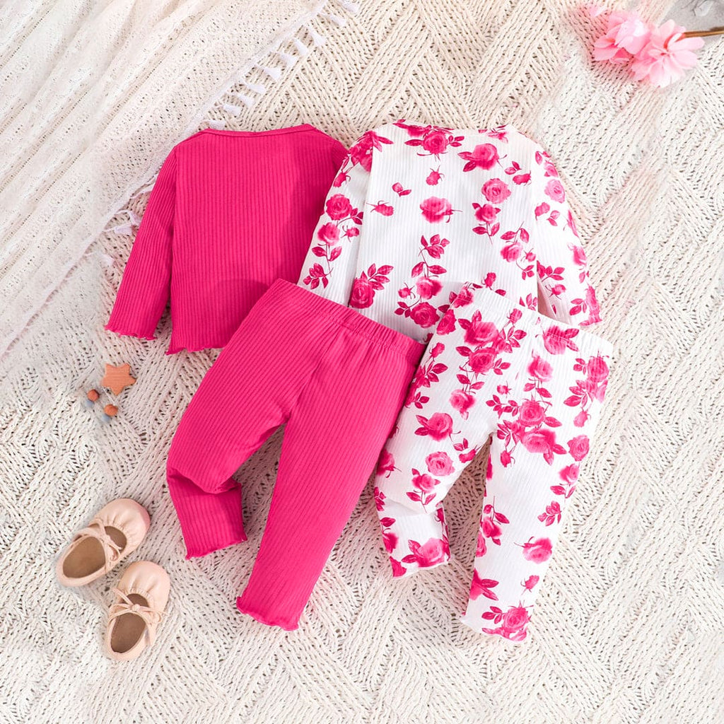 Girls Pink Floral Print Full Sleeves Top with Pants Set (Pack Of 2) Sets Pink 6-9 M 