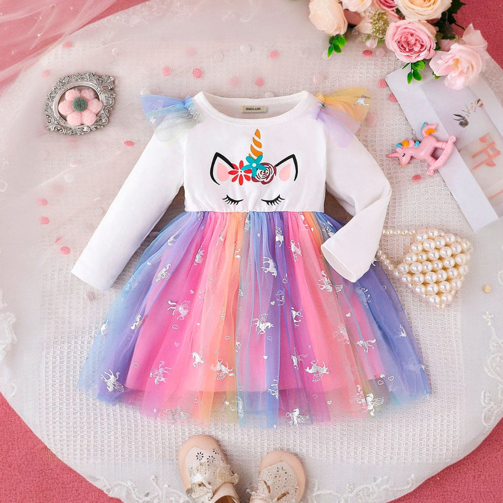 Girls Multicolor Printed Full Sleeves Rainbow Dress Casual Dresses Multicolor 6-9 M 