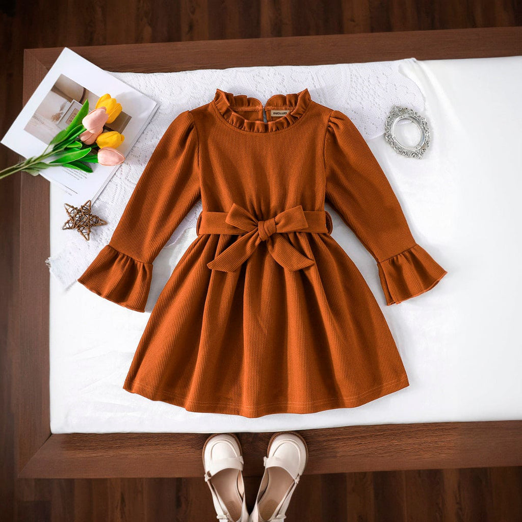 Girls Brown Long Sleeve Corduroy Dress With Belt Casual Dresses Brown 4-5 Y 