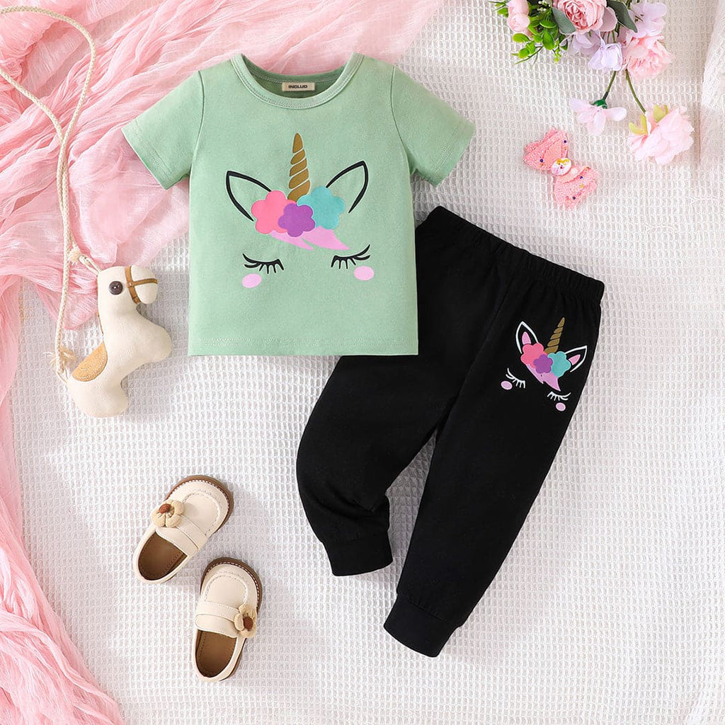 Girls Green Graphic Print Short Sleeves T-shirt with Trouser Set Sets Green 6-9 M 