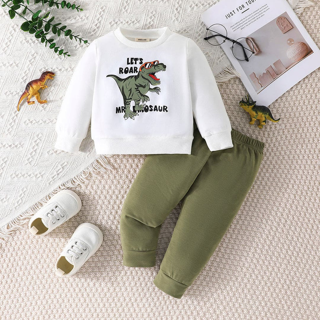 Boys Dinosaur Graphic Sweatshirt With Green Pants Set Sets Green 6-9 M 