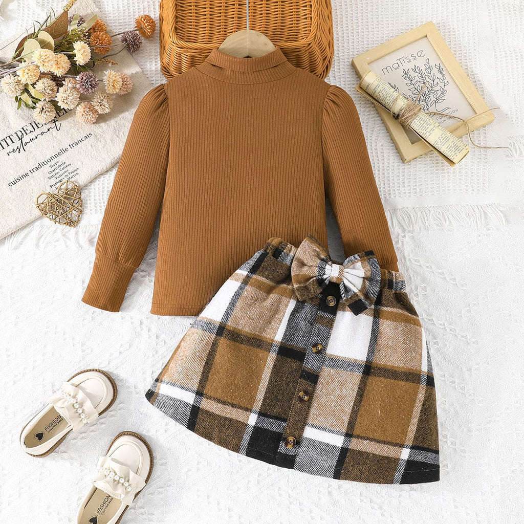 Girls Brown High Neck Top with Checkered Skirt Set Sets Brown 4-5 Y 