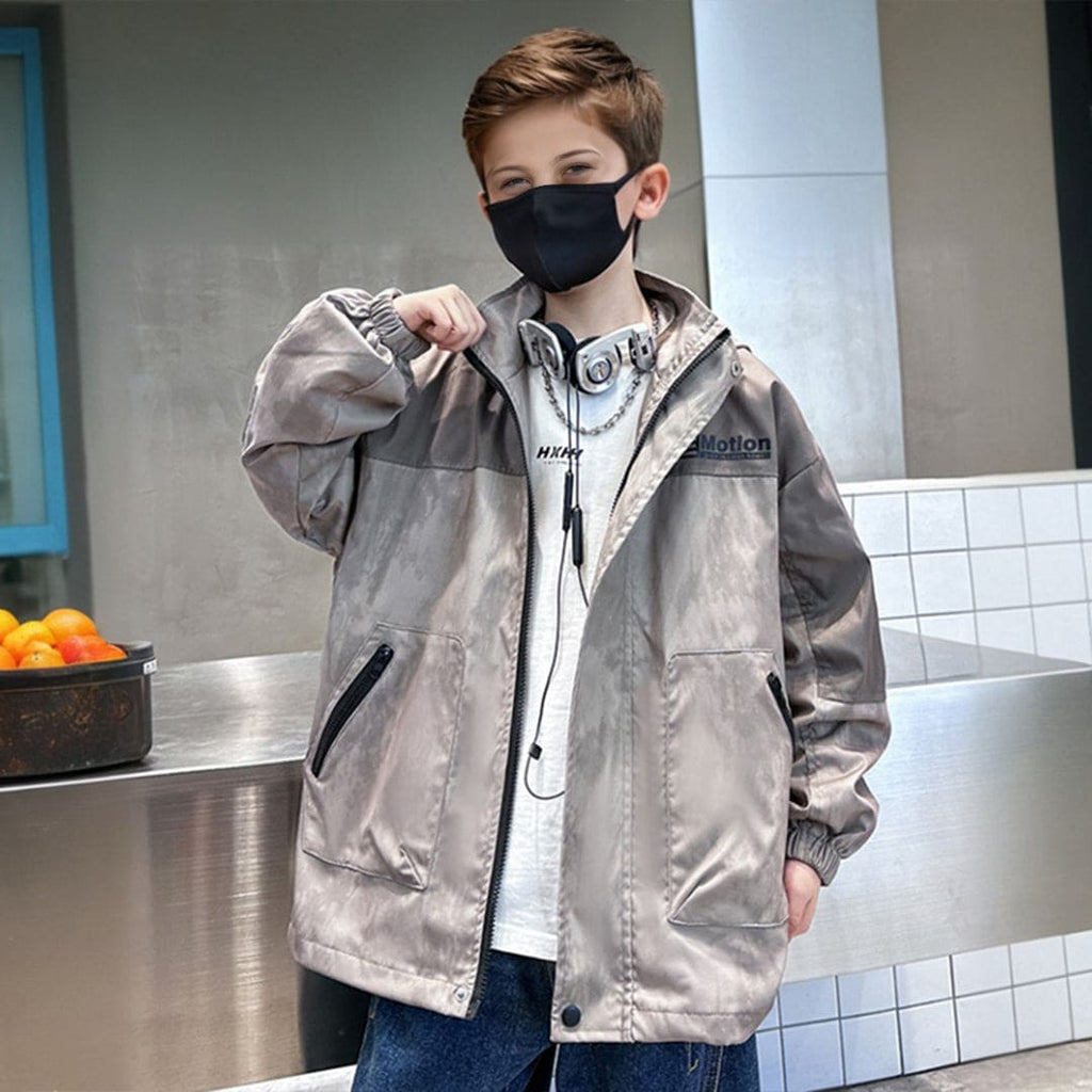 Boys Grey Printed Hooded Full Sleeves Bomber Jacket Coats & Jackets Gray 5-6 Y