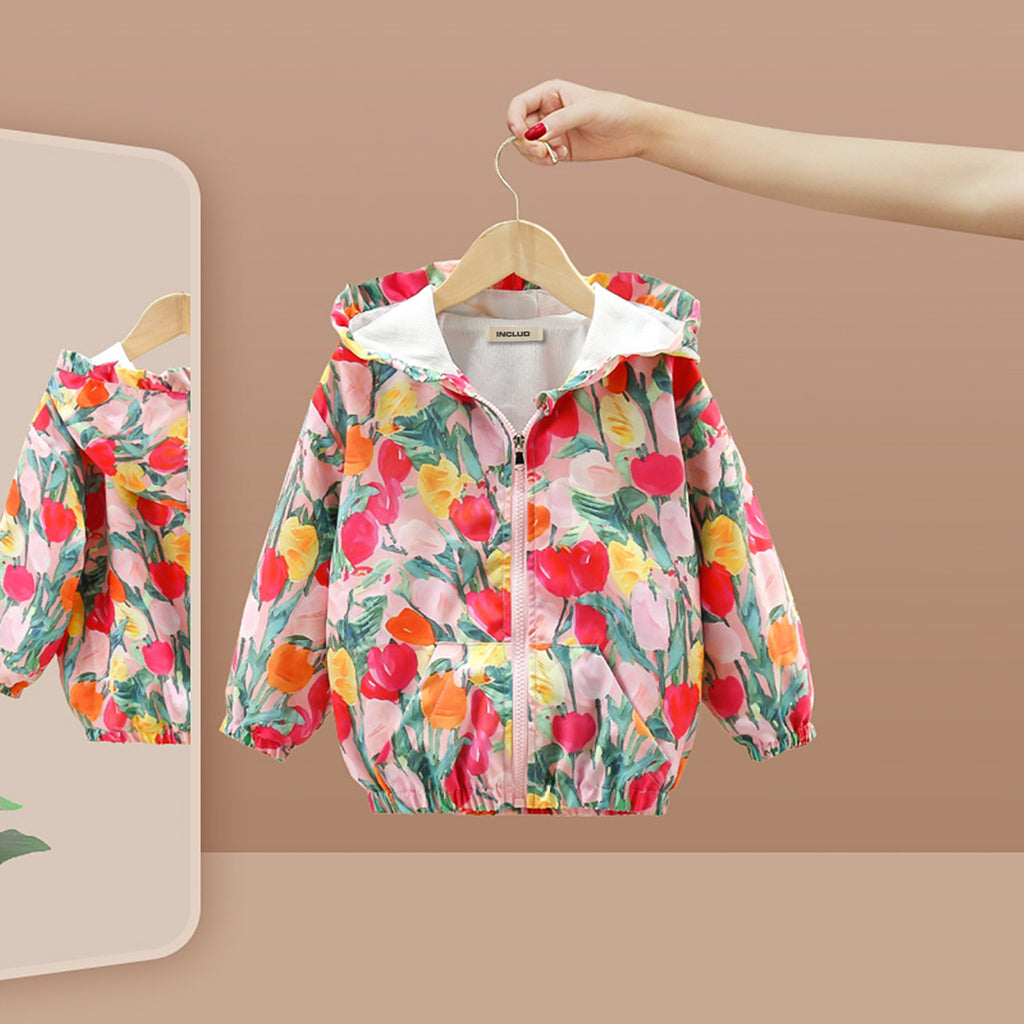 Girls Pink Floral Print Hooded Jacket Coats & Jackets Pink 1-2 Y