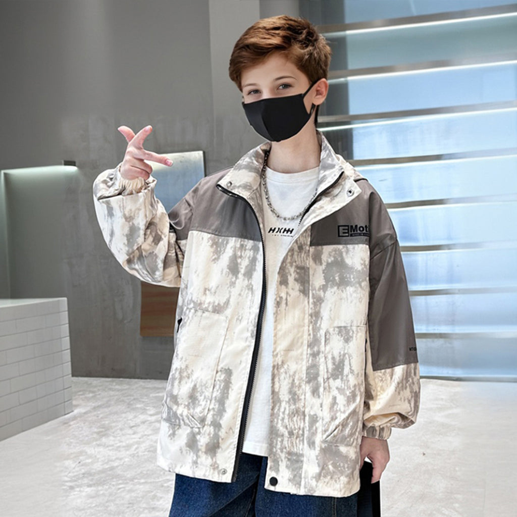 Boys Grey Printed Hooded Full Sleeves Winter Jacket Coats & Jackets Beige 5-6 Y