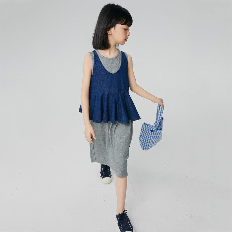 Girls Blue Solid T-Shirt Dress With Peplum Top Casual Dresses   