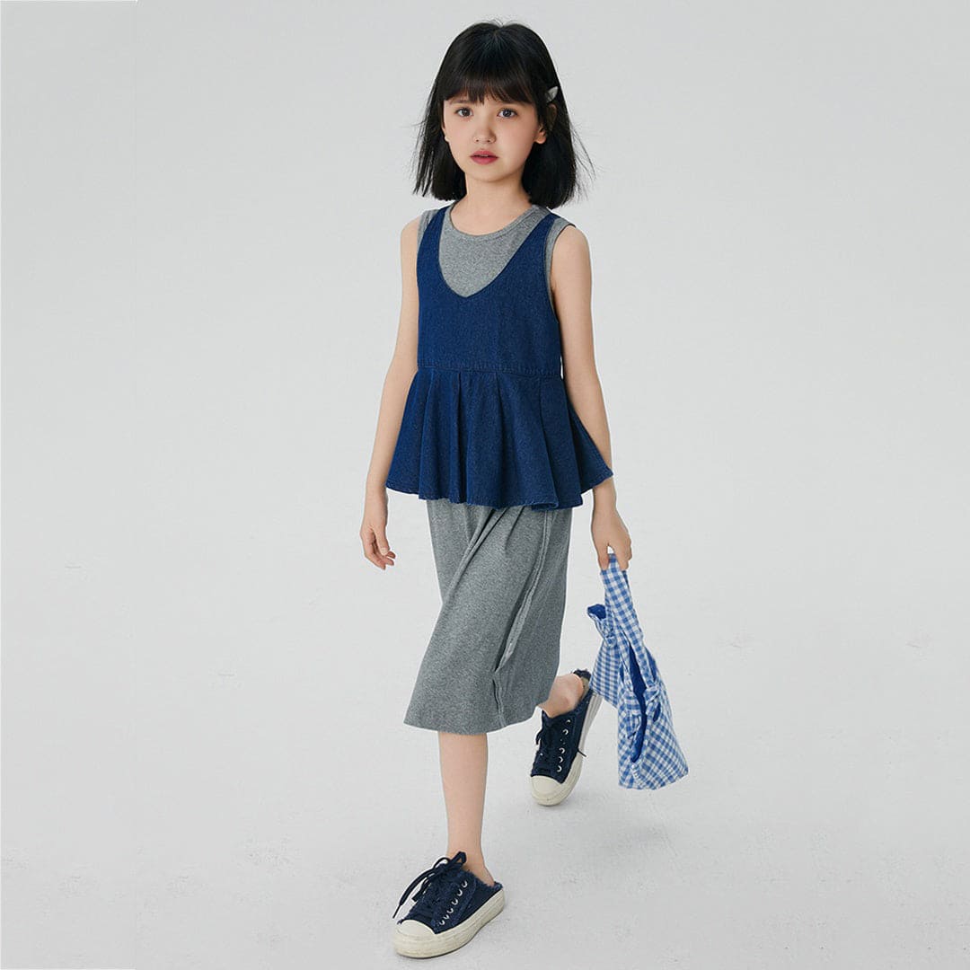 Girls Blue Solid T-Shirt Dress With Peplum Top Casual Dresses   