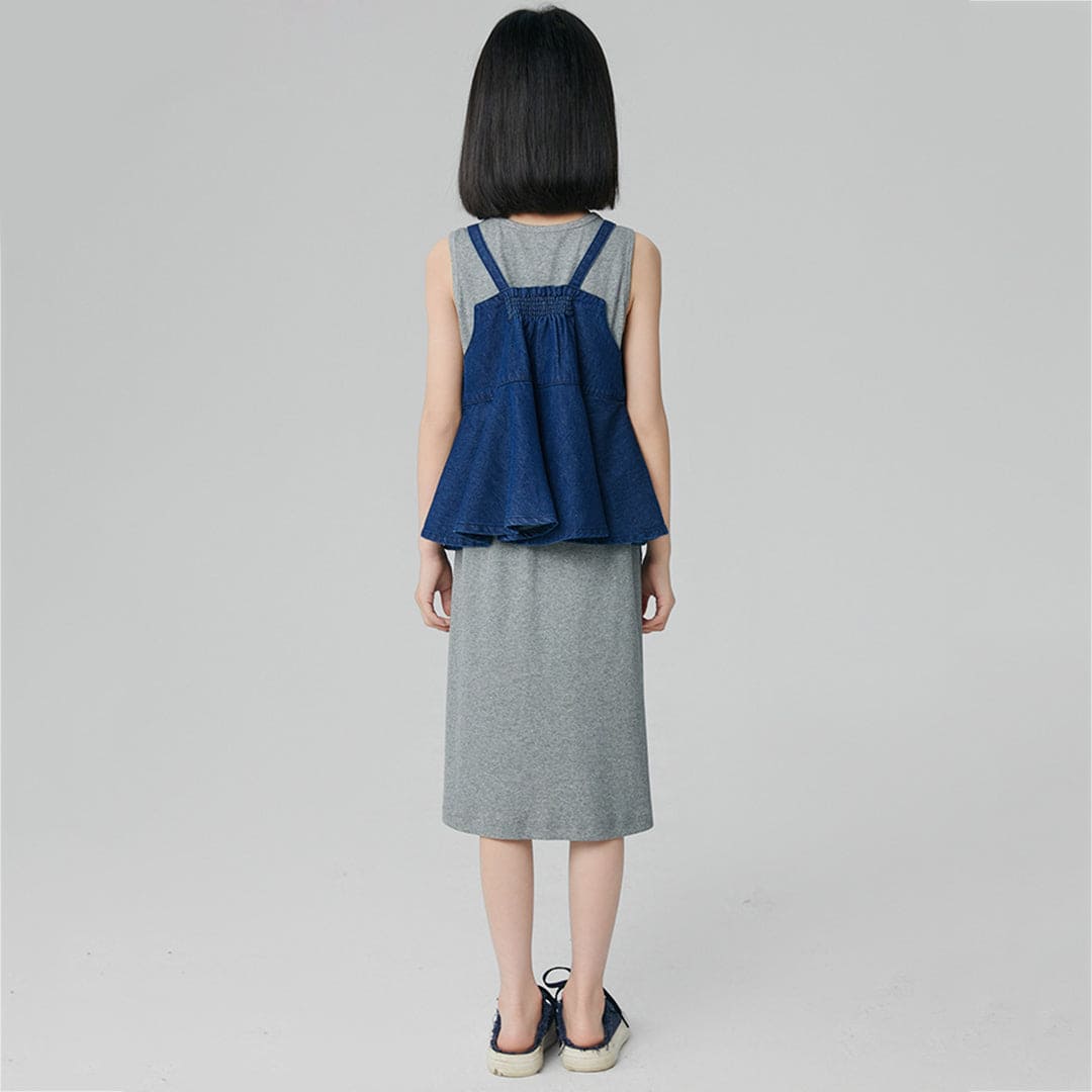 Girls Blue Solid T-Shirt Dress With Peplum Top Casual Dresses   