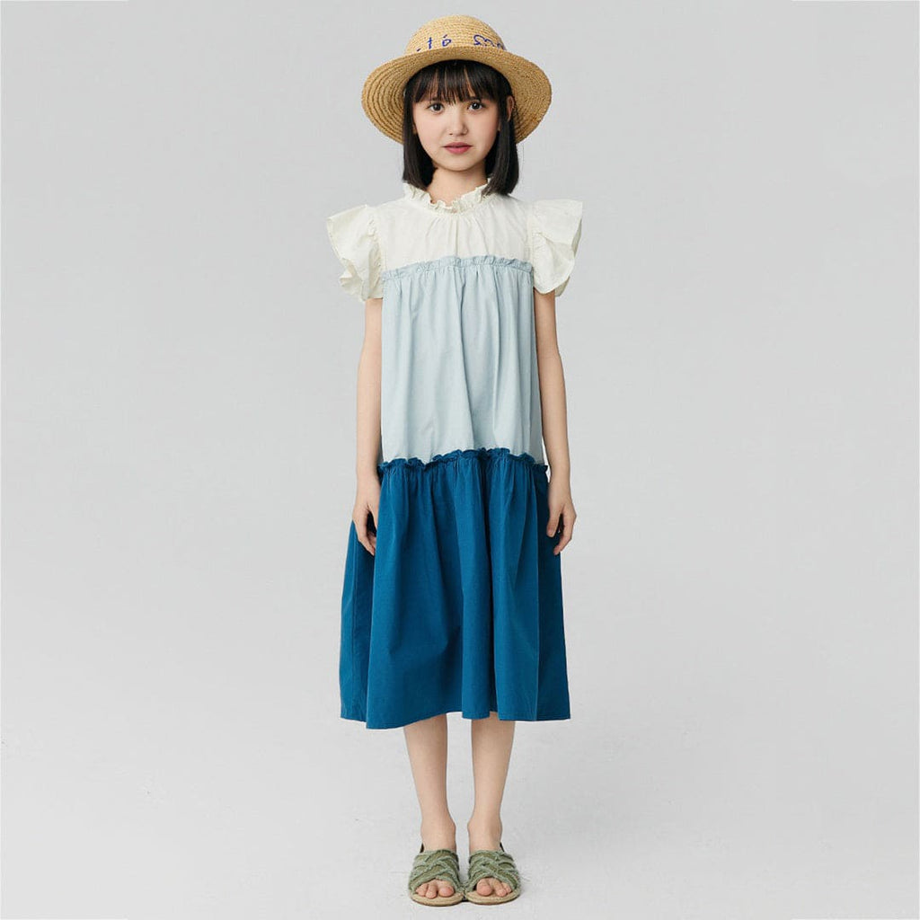 Girls Blue Flared Sleeves Color-Blocked A-line Dress