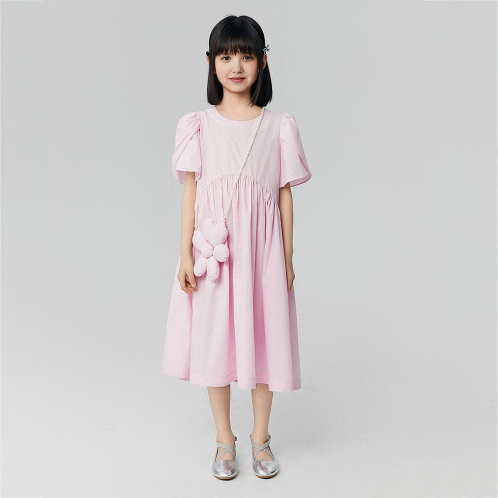 Girls Pink Solid Tulip Sleeves Flared Dress