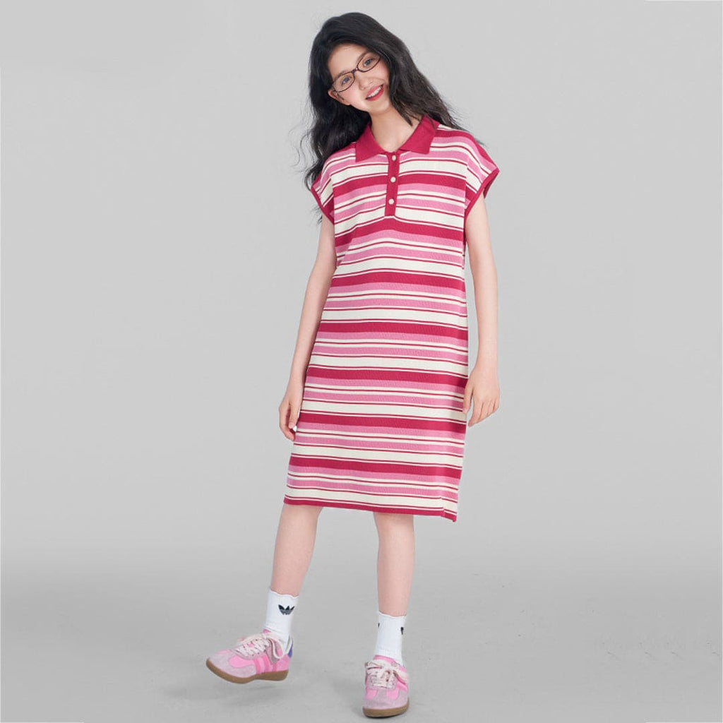 Girls Pink Short Sleeves Striped T-shirt Dress