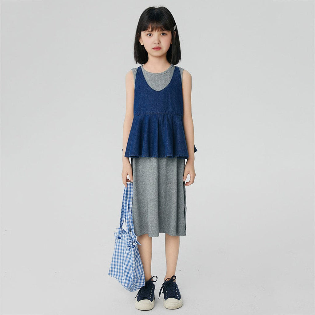 Girls Blue Solid T-Shirt Dress With Peplum Top