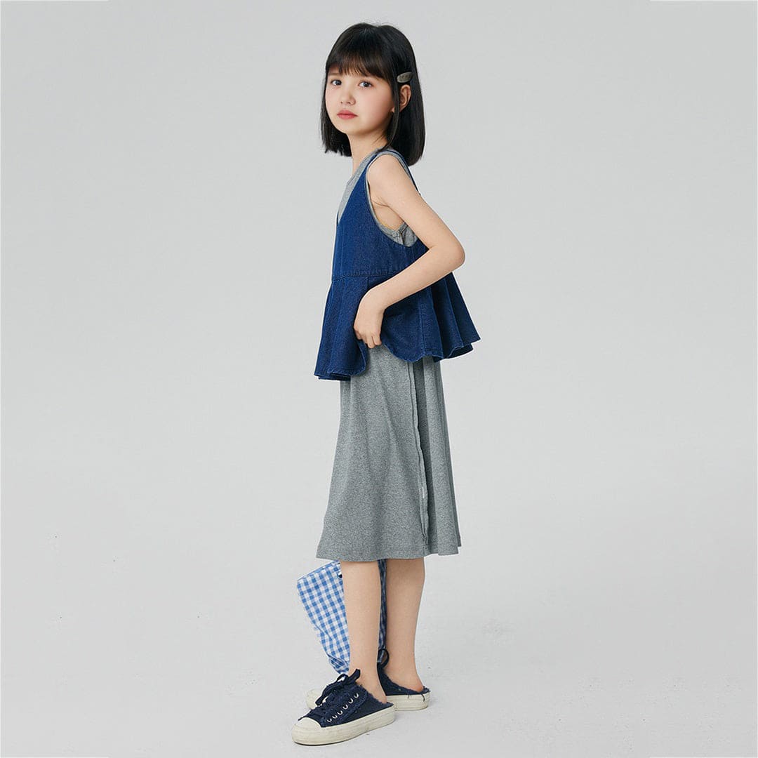 Girls Blue Solid T-Shirt Dress With Peplum Top Casual Dresses   
