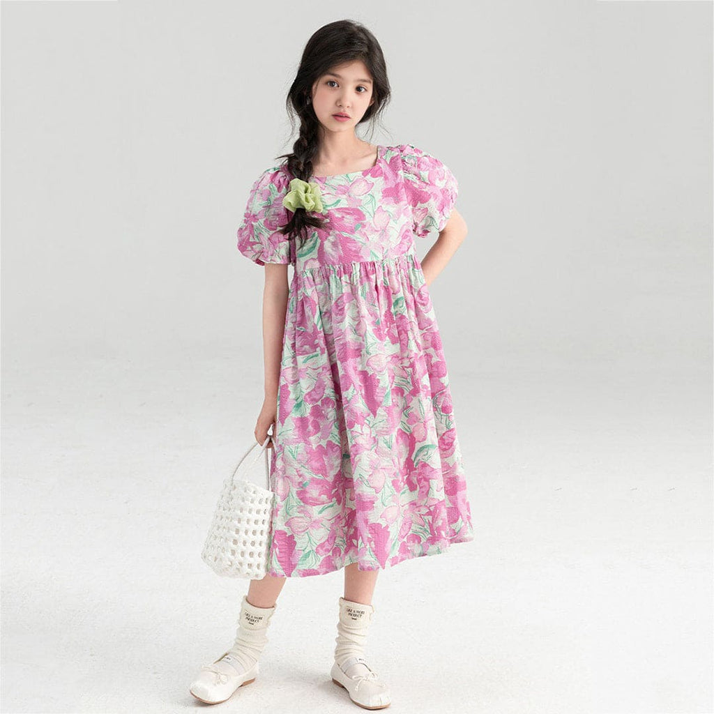 Girls Pink Floral Print Puff Sleeves Fit & Flare Dress