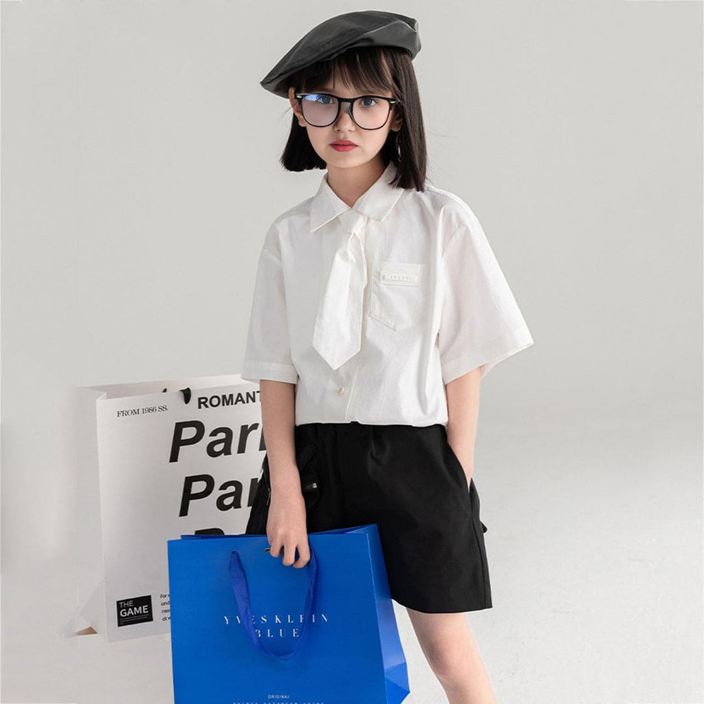 Girls Short Sleeves Solid Shirt with Tie