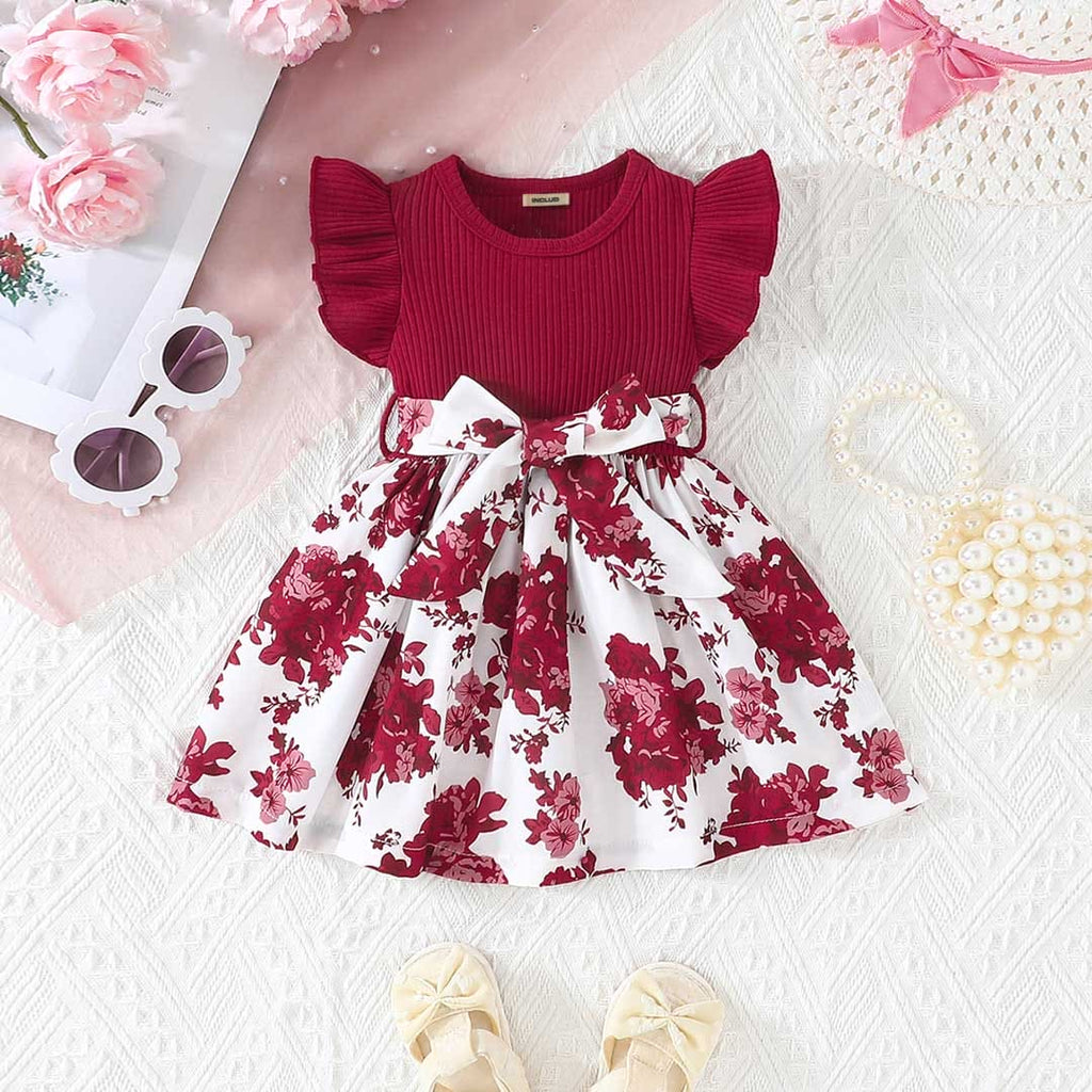 Girls Maroon Floral Print Short Sleeves Fit & Flare Causal Dress Casual Dresses Maroon 3-6 M 