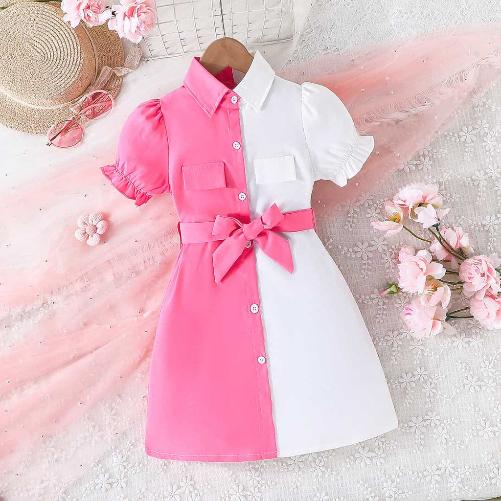 Girls Pink Colorblocked Puff Sleeves A-line Shirt Dress Casual Dresses Pink 4-5 Y 