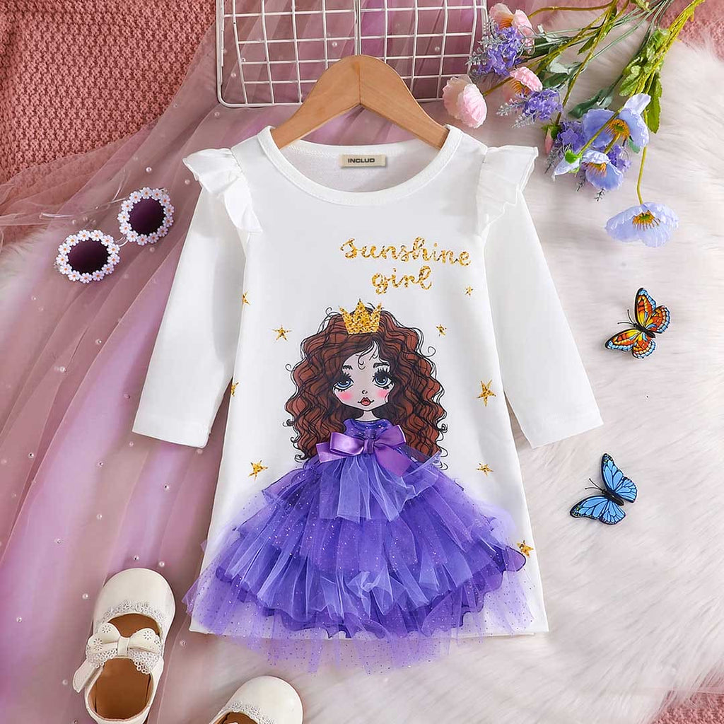 Girls Purple 3D Doll Print Full Sleeves T-shirt Dress Casual Dresses Purple 9-12 M 