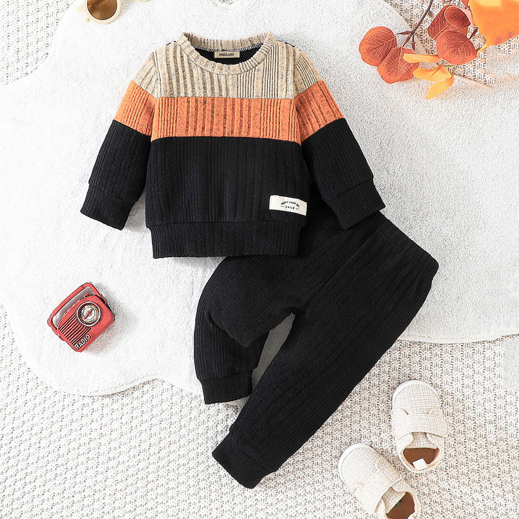 Boys Black Colorblocked Full Sleeves Sweater with Pants Set Sets Black 3-6 M 