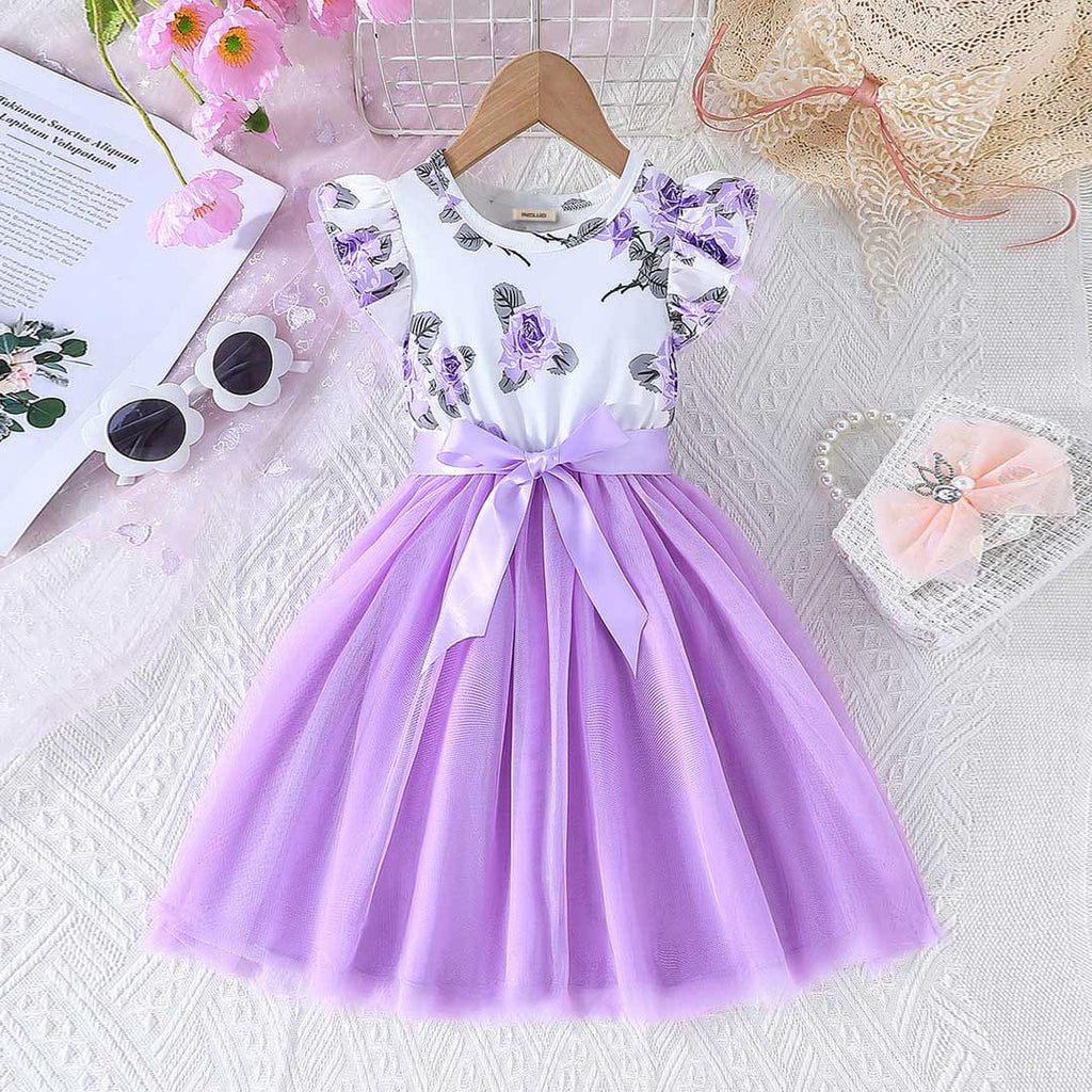 Girls Purple Floral Print Short Sleeves Fit & Flare Dress Casual Dresses Purple 4-5 Y 