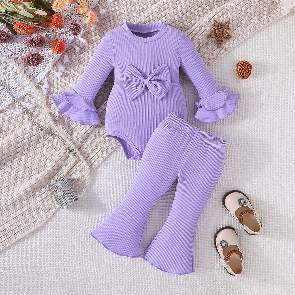 Girls Purple Full Sleeves Bodysuit with Pants Sets Sets Purple 0-3 M 