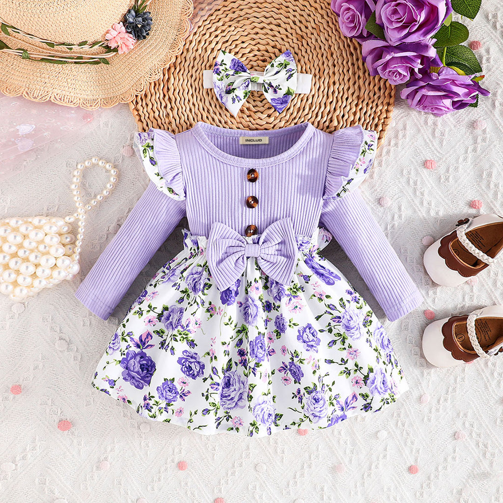 Girls Purple Floral Print Fit & Flare Winterwear Casual Dress Casual Dresses Purple 3-6 M 