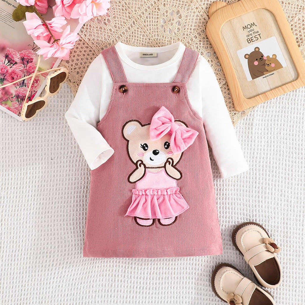 Girls Pink 3D Cartoon Patchwork Pinafore Dress Casual Dresses Pink 6-9 M 