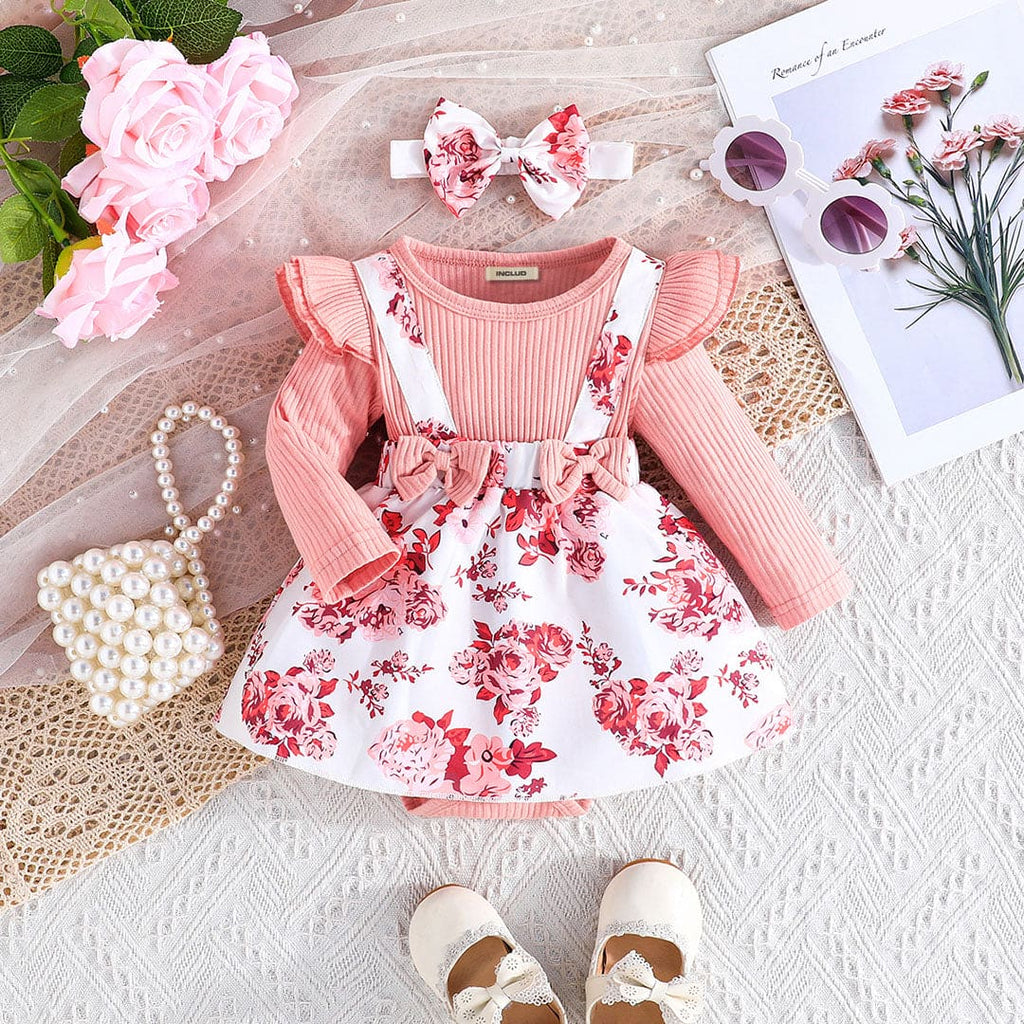 Girls Pink Floral Printed Long Sleeve Dresses Casual Dresses Pink 0-3 M 