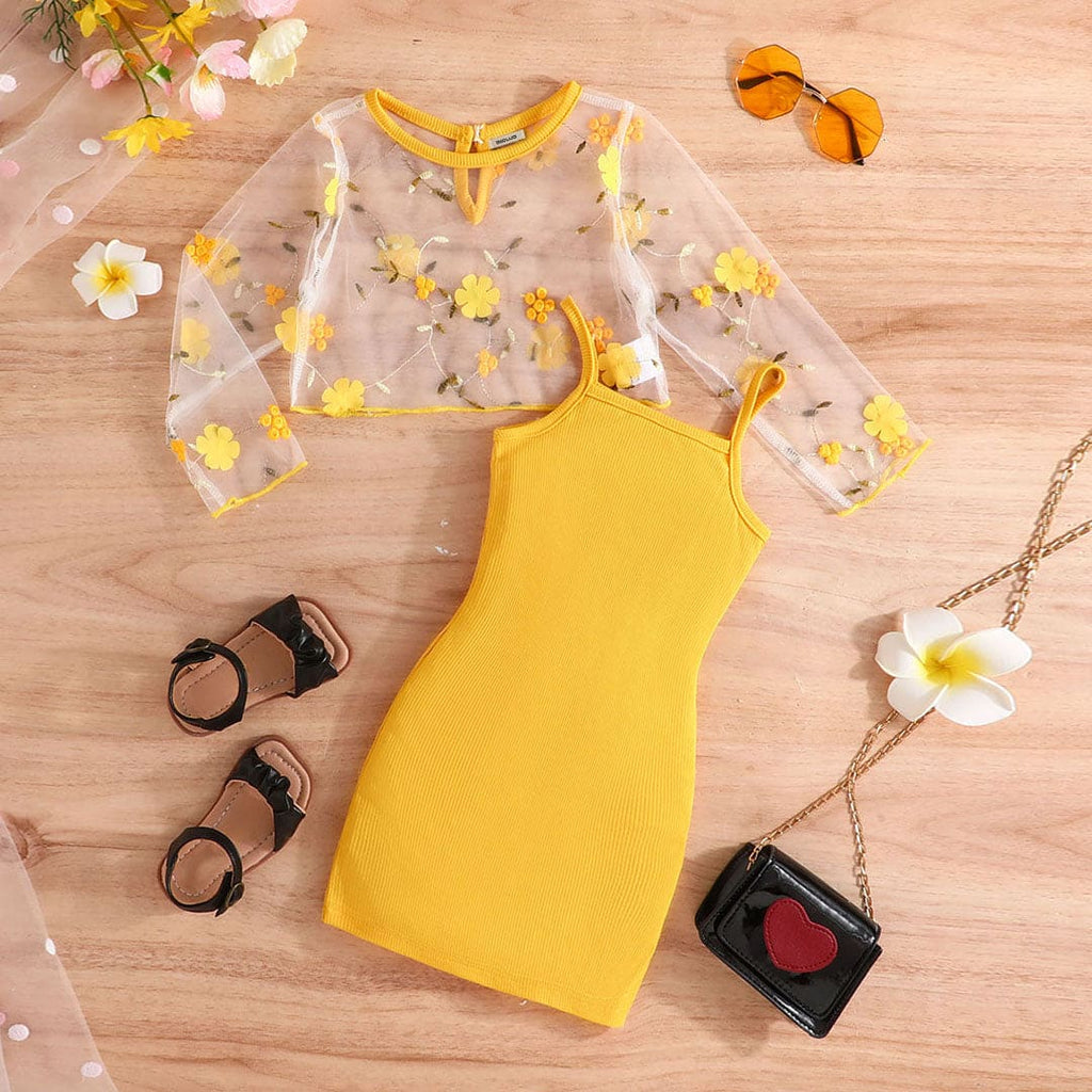 Girls Yellow Strappy Bodycon Dress with Embroidered Shrug Casual Dresses Yellow 1-2 Y 