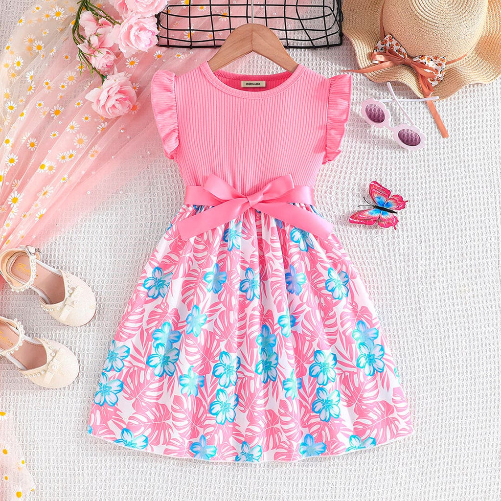 Girls Pink Floral Print Flared Sleeve Dresses Casual Dresses Pink 4-5 Y 