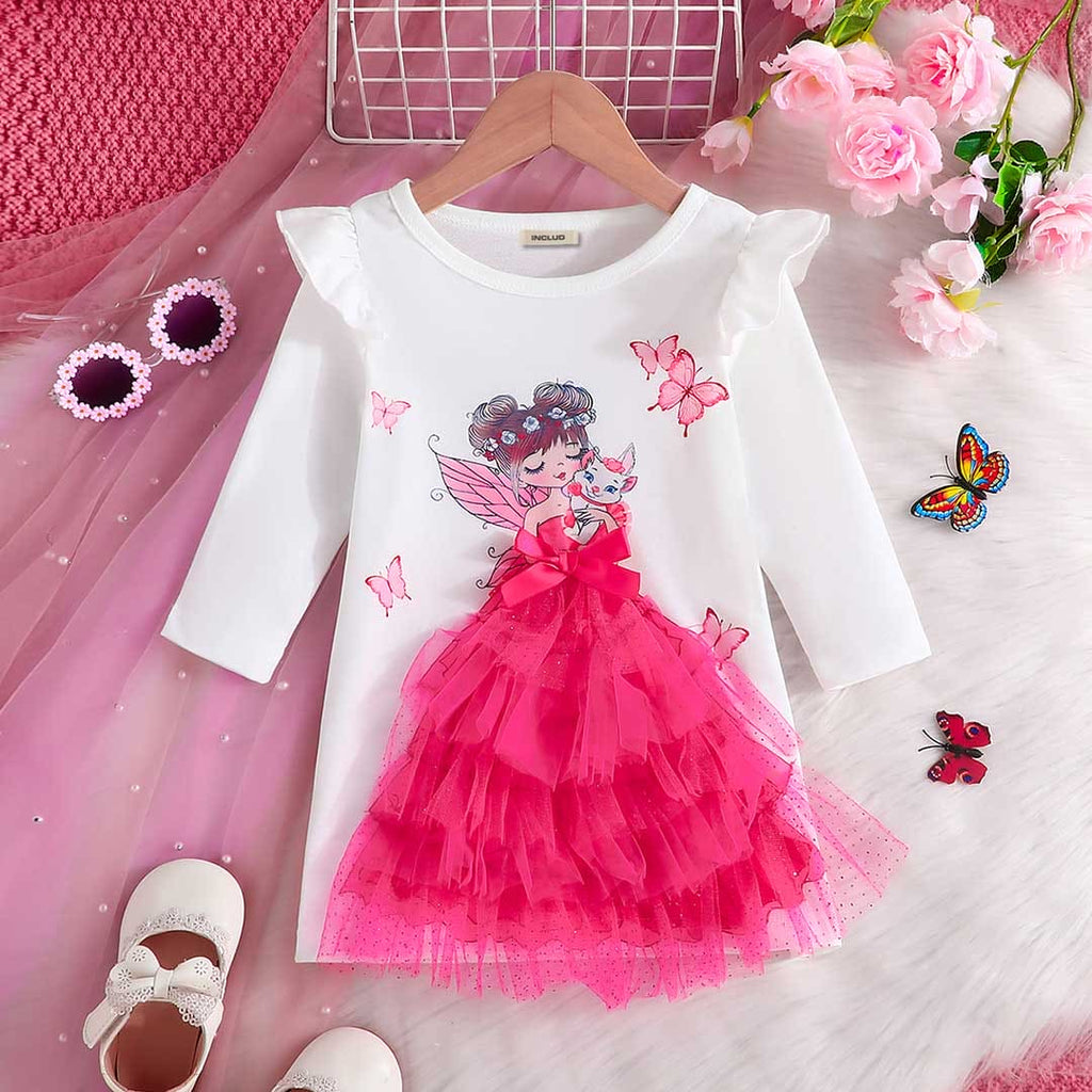 Girls Pink 3D Doll Print Full Sleeves T-shirt Dress Casual Dresses Pink 9-12 M 